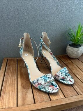 bp Multicolor Blue Floral Ankle-Strap Heels